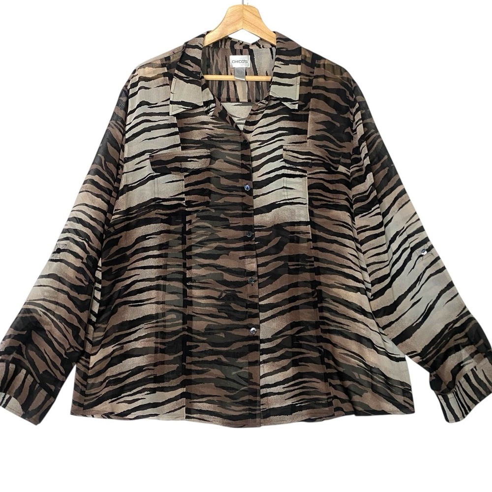 Chicos Tiger Button-Up Silk Blouse Womens 2X Casual Chic Mature Layering‎ Sheer
